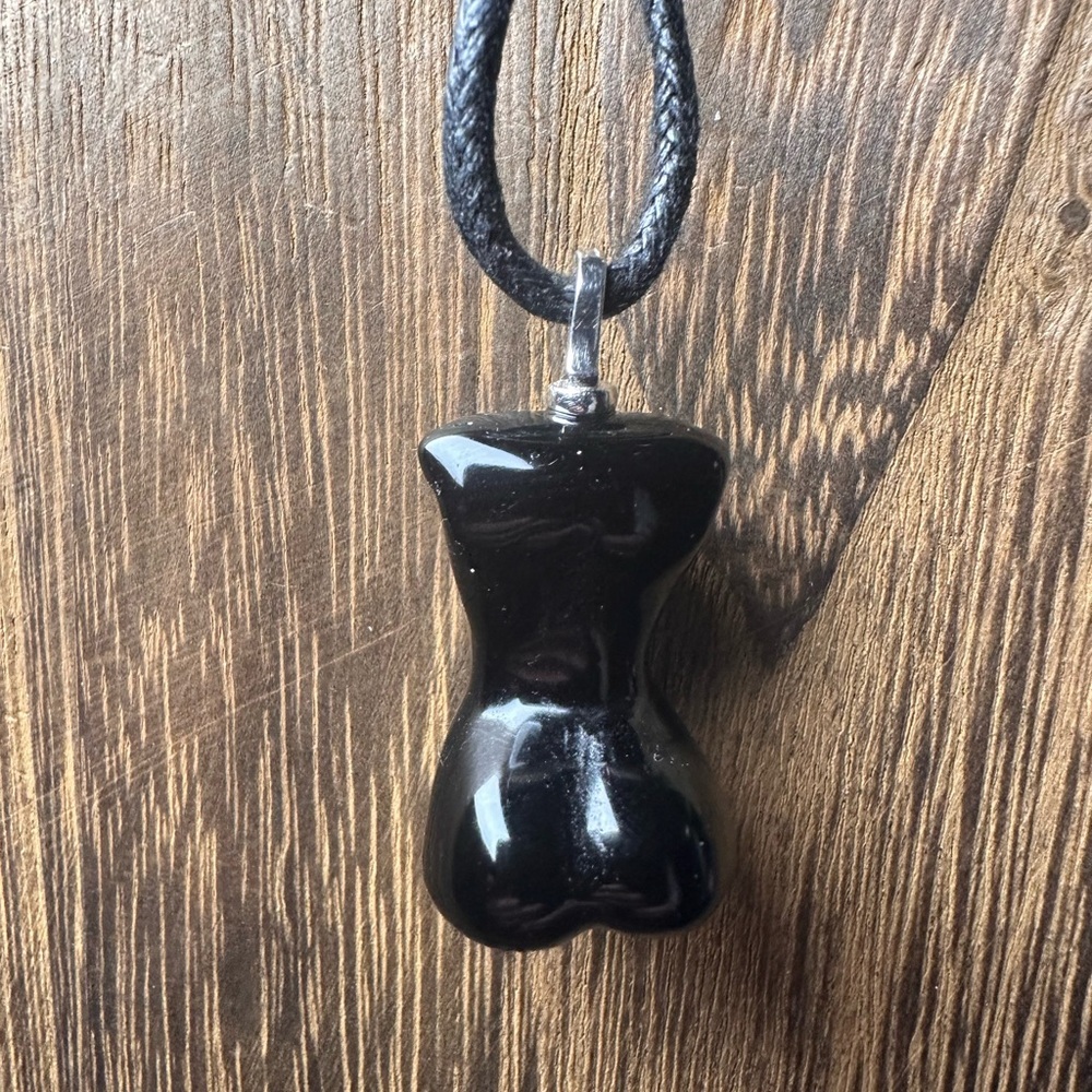 Black Obsidian Lady Body Pendant Necklace on Black Rope, Sterling Silver Bail - Picture 9 of 14